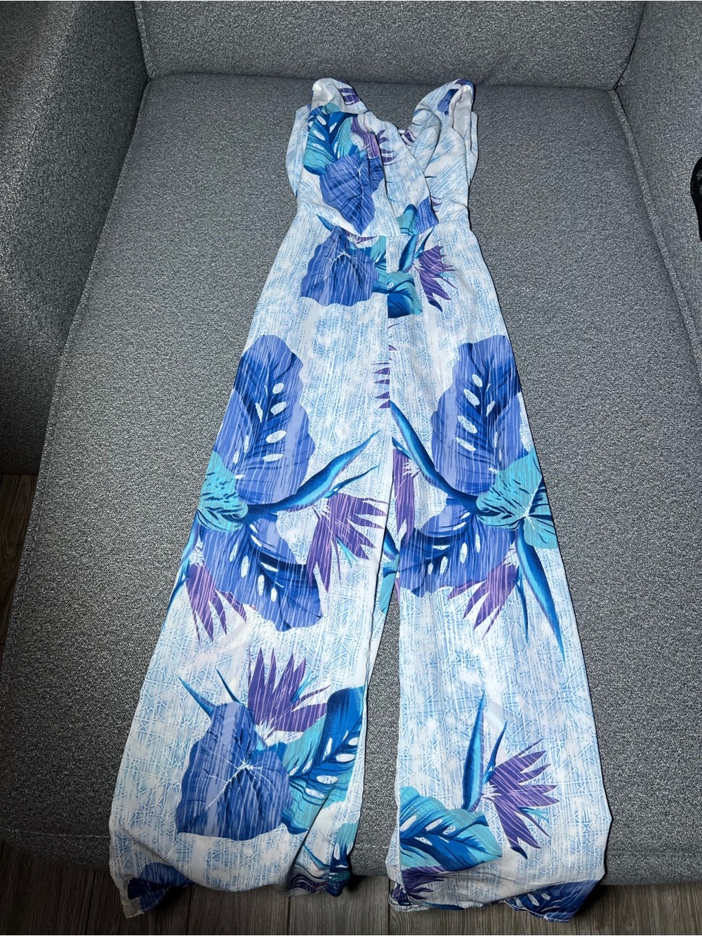 Sleeveless Tropical Print Wide-Leg Jumpsuit in Blue and Purple